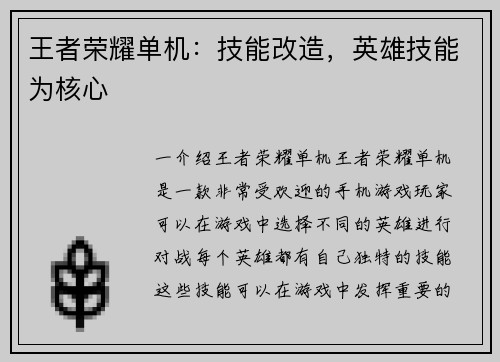 王者荣耀单机：技能改造，英雄技能为核心